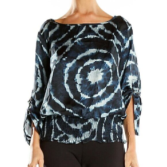MICHAEL MICHAEL KORS Navy Blue Tie Dye Satin 3/4 Sleeve Roll Tab Blouse PETITE S - Picture 1 of 13